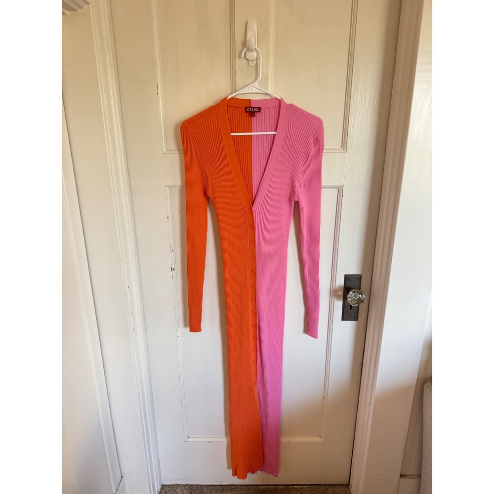 Staud Shoko orange pink colorblock knit midi dress size small